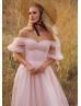 Off Shoulder Blush Tulle Pleated Wedding Dress